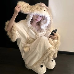可爱毛绒小狗设计感连帽半边绒保暖睡袍女冬新款加绒加厚保暖睡衣