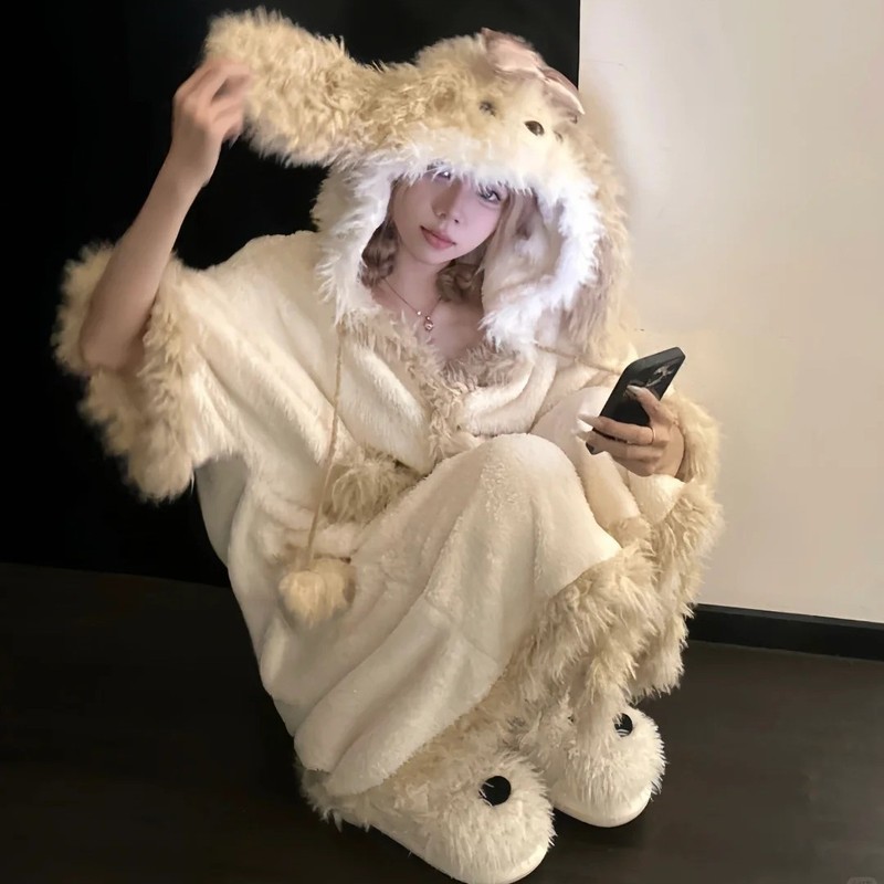 可爱毛绒小狗设计感连帽半边绒保暖睡袍女冬新款加绒加厚保暖睡衣|undefined