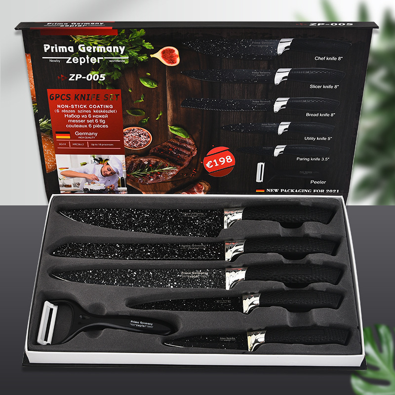 Fábrica al por mayor maifan cuchillo de cocina de piedra conjunto de seis piezas cielo estrellado pintura en aerosol malla mango conjunto cuchillo