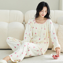 100%纯棉开衫睡衣女秋长袖家居服中青年女士家居服全棉套装春秋季