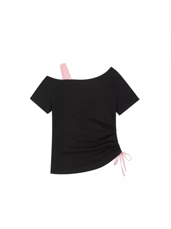 ニッチかわいいキティ猫プリントリボンオフショルダー半袖Tシャツレディーススリムオフショルダー不規則トップ|undefined