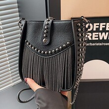 womenbags亚马逊跨境复古铆钉流苏链条包包女小众设计女士斜挎包