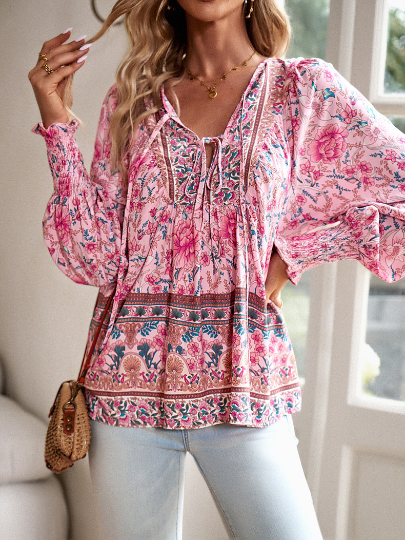 Elegante Florale Damenbluse Mit Bindedetail Und V-ausschnitt_voghion.com