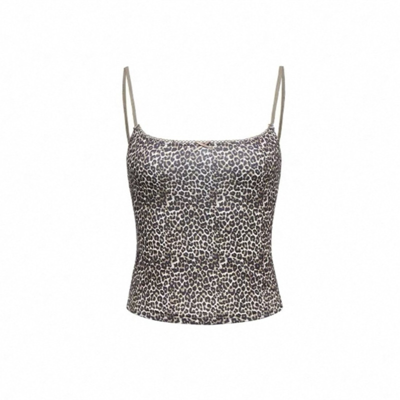 Women's Contrast Lace Stretch Slim-fit Camisole Vest Black/White/Leopard Print