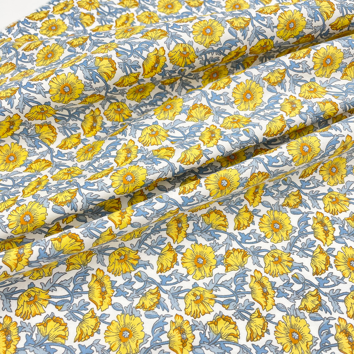 柔软垂坠不透  黄色小碎花印花长纤棉纯棉布料衬衫裙子旗袍面料