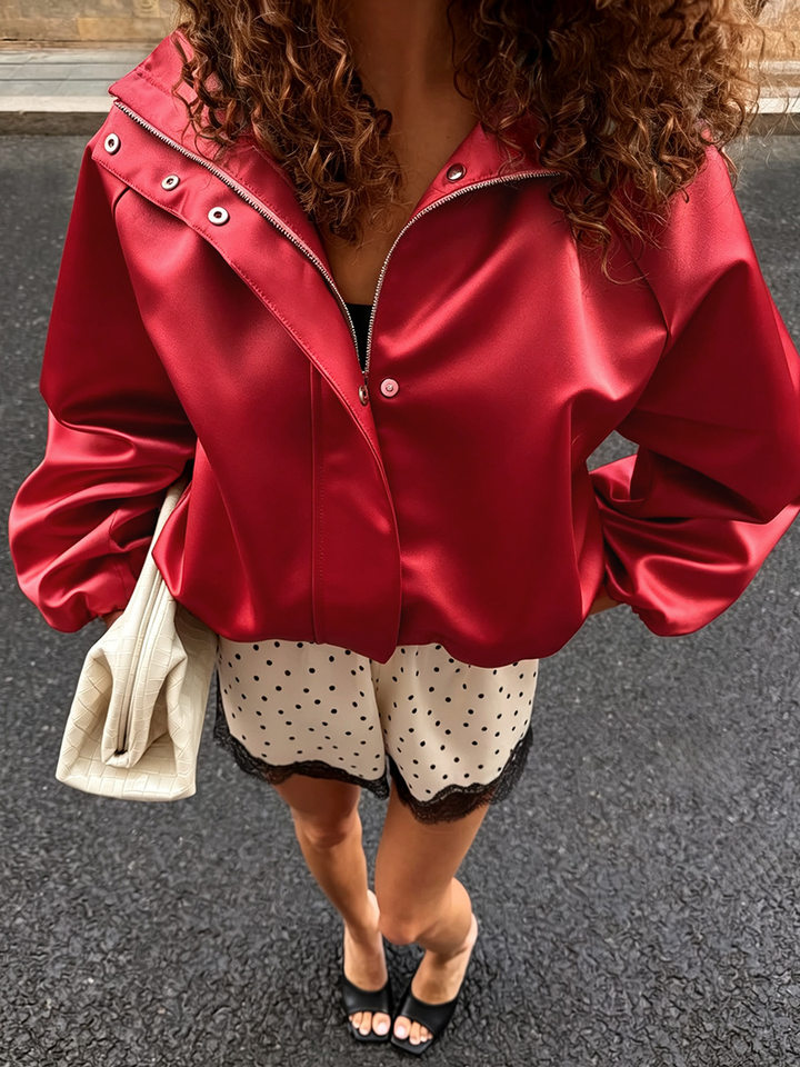 Áo khoác jacket satin cổ đứng tay hoa tulip dáng rộng — Màu hồng, Màu xanh dương, màu đỏ