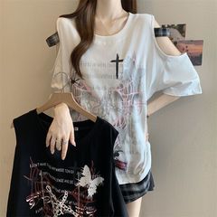 大きいサイズの蝶プリントオフショルダー半袖Tシャツ女性用2025年夏新作ゆったりカバー痩身万能トップス女性用