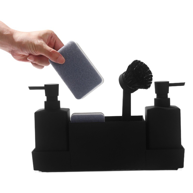 Dispensador de jabón de cocina con estante de esponja y cepillo para lavar a mano plato líquido sub-botella con bandeja de almacenamiento