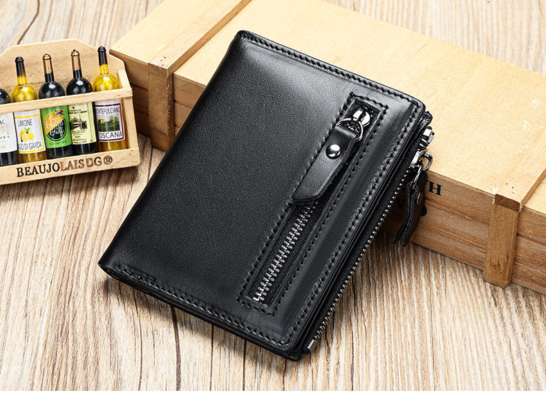 Ví nam da bò thật dạng đứng có khóa kéo, nhiều ngăn đựng thẻ và tiền xu, 9×1,5×11 cm — Cà phê, Cà phê đậm, Màu đen chi tiết 10