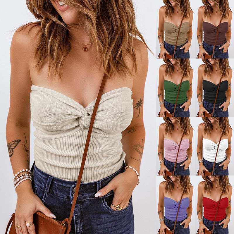2025 Cross-Border European and American Wish Export Amazon Women's Clothing New Tube Top Knitted Slim Vest Top Backless