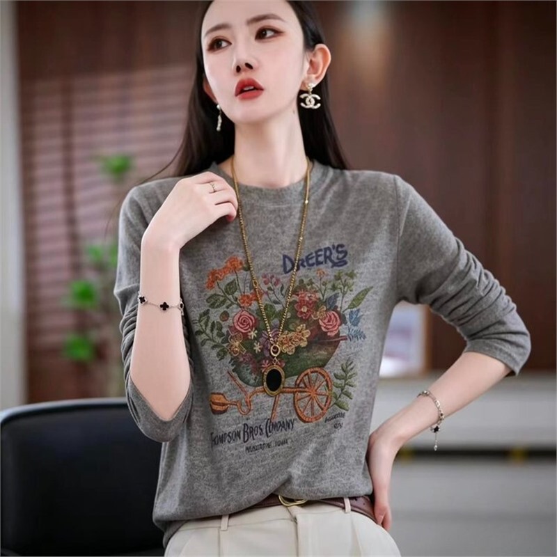 Dropshipping live-streaming hot item: 2026 early autumn new fashion casual loose versatile age-reducing printed long-sleeve T-shirt