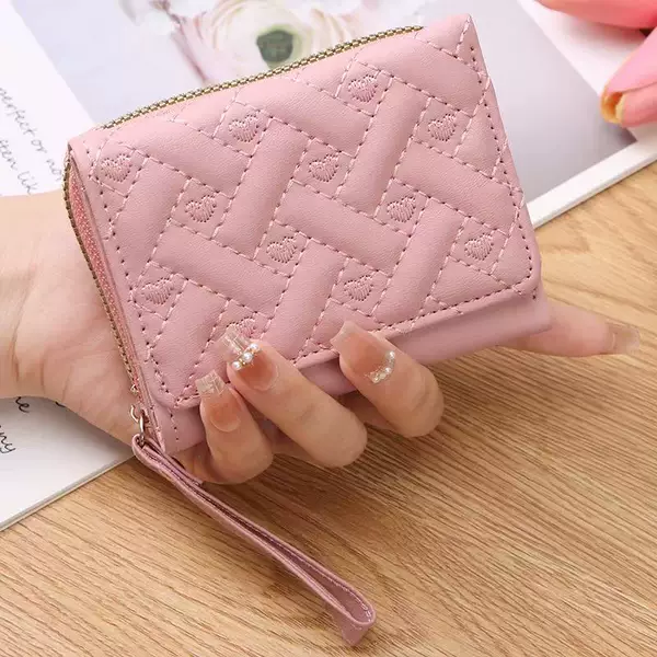 New Korean Fashion Heart-Shaped Embroidered Women's Short Zipper Wallet Clutch Bag Solid Color Simple Coin Purse Card Holder
