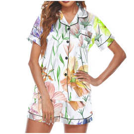 欧美女装新款家居服短袖套装仿真丝印花翻领睡衣+短裤套装批发