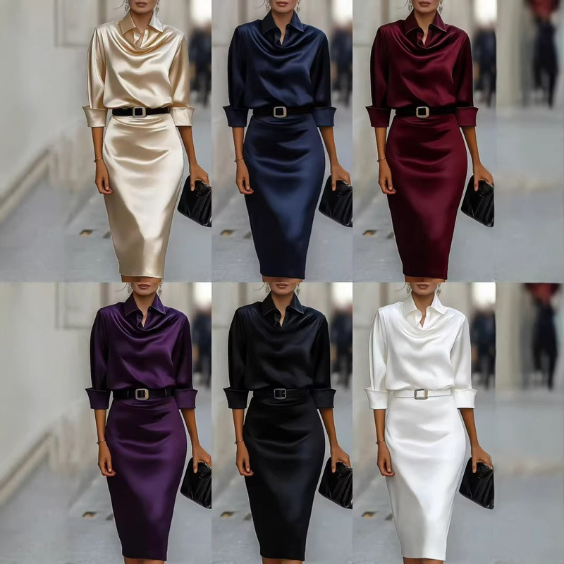 2026 New Model on Independent Sites, Wish, and Amazon: Summer Waist-Cinching Slimming Satin High-End Long-Sleeve Dress for Women 2026 New Model on Independent Sites, Wish, and Amazon: Summer Waist-Cinching Slimming Satin High-End Long-Sleeve Dress for Women