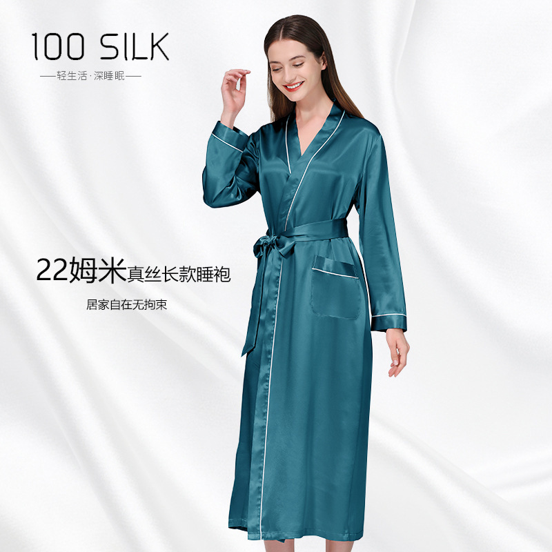 Cross-Border 22mm Heavyweight Silk Nightgown, Feminine Bathrobe, Lapel Long Pajamas, Women's Mulberry Silk Home Clothes