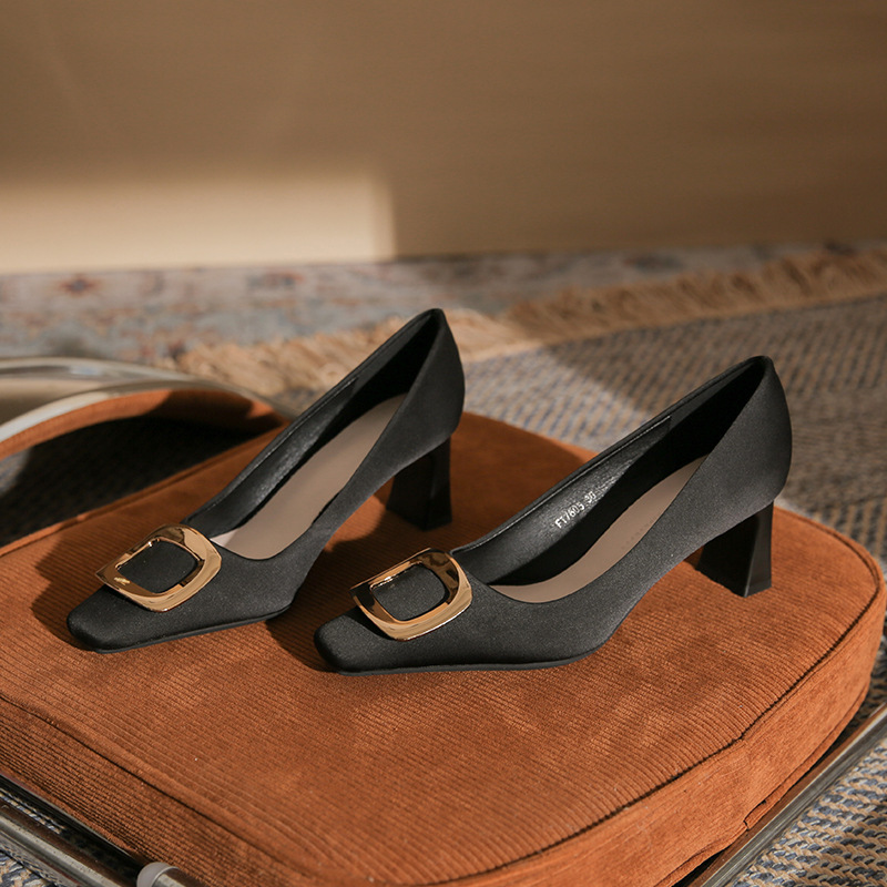 7605-5B fashionable classic square toe chunky heel women's single-layer shoes high-grade sexy all-match square buckle women's single-layer shoes