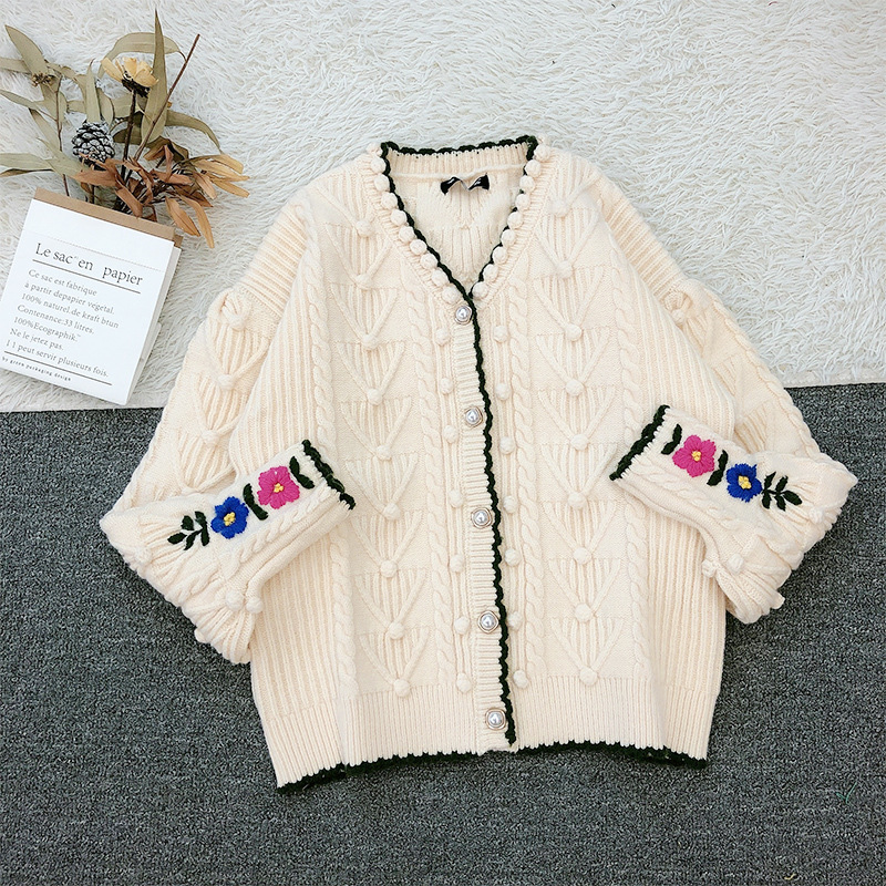 溫柔風針織開衫春新款女2021繡花港複古寬松百搭顯瘦上衣洋氣外套