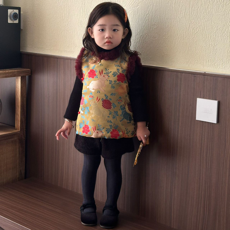 女童中秋汉服套装秋冬儿童国风立领提花小兔子马甲小女孩短裤唐装|undefined