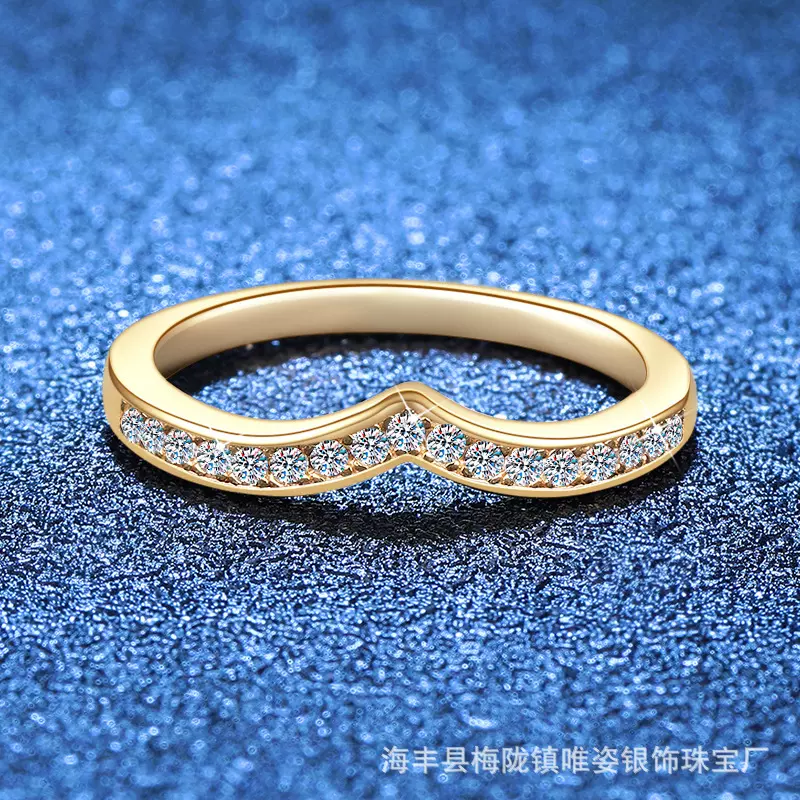 跨境s925纯银指环叠戴韩版V形戒满镶莫桑钻D色戒指排戒结婚戒指女