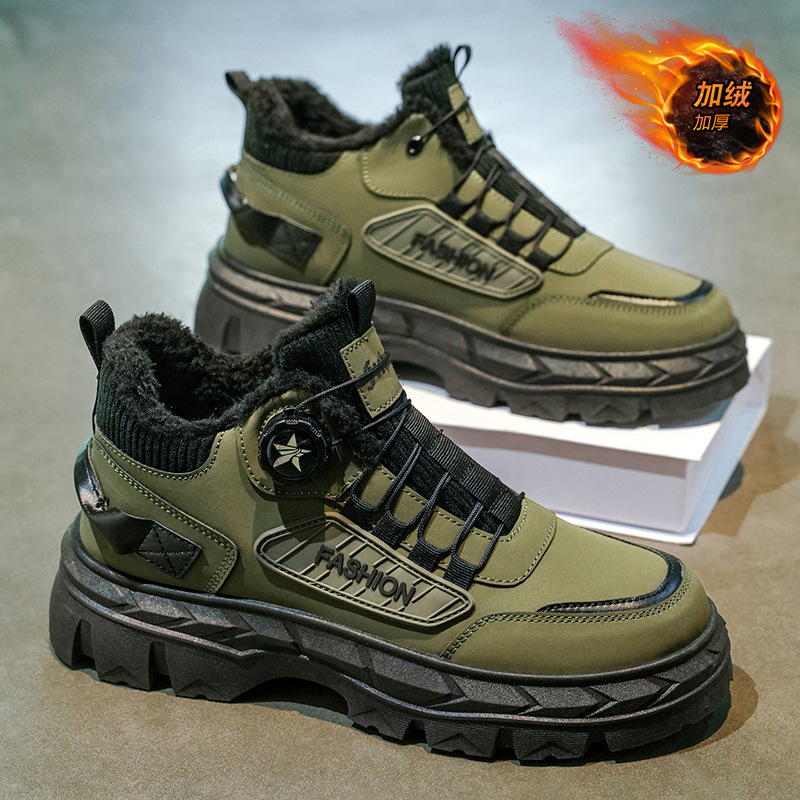 Botas de invierno para hombres con botón rotativo de terciopelo caliente y grueso impermeable y antideslizante con suela gruesa y alta zapatos deportivos de algodón de nieve