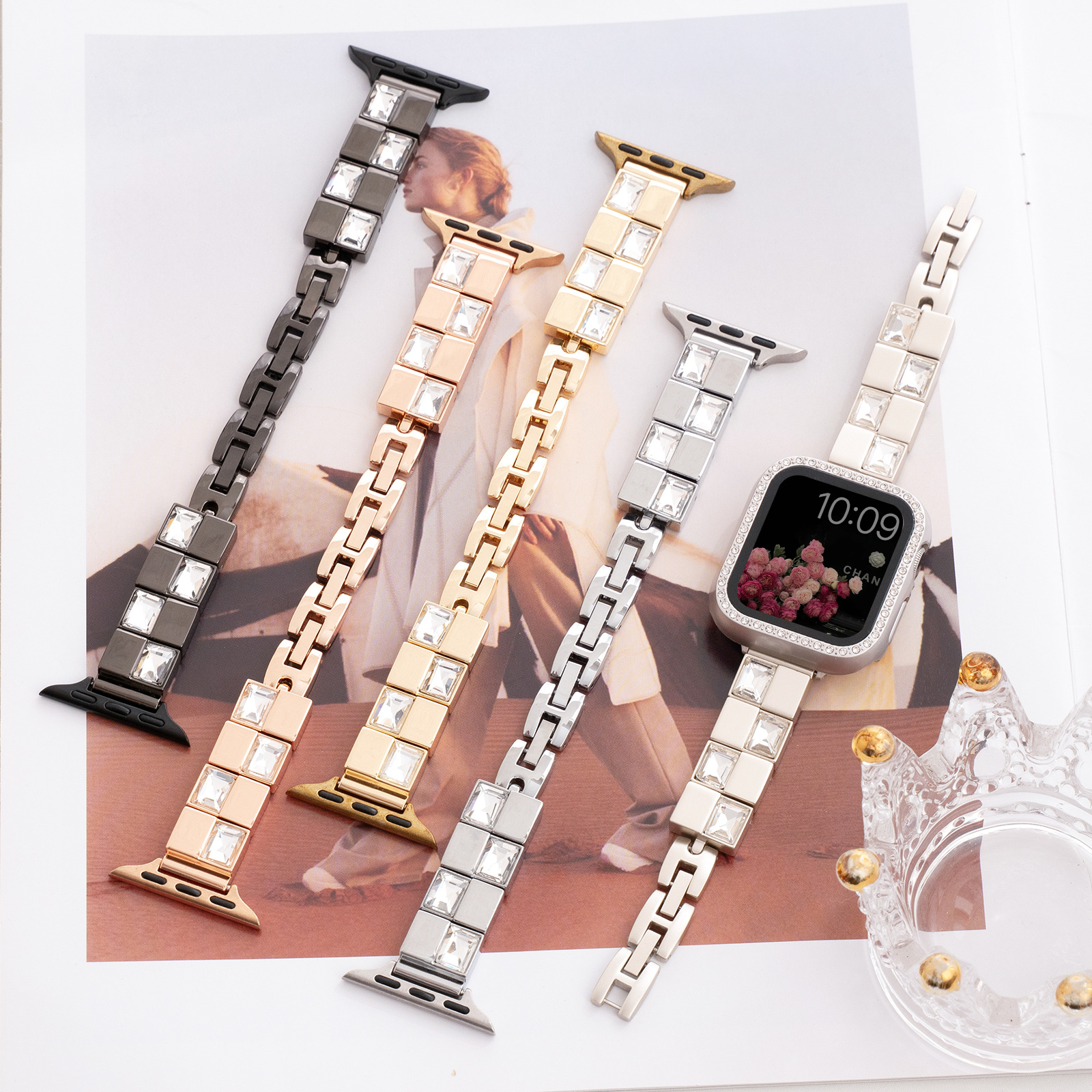 Suitable for Apple Watch Strap Apple Wathc Ice Cube Stone Metal Women's Iwatchs10/9 Watch Strap 14mm