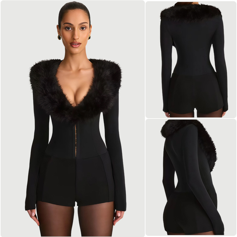 Luxurious Fur Collar Sexy Slim-Fit European and American Style Jumpsuit for Women, 2025 Autumn New Fashion Evening Party Jumpsuit