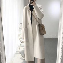 毛呢风衣女针织仿水貂绒开衫外套女中长款大衣女过膝厚冬季小个子