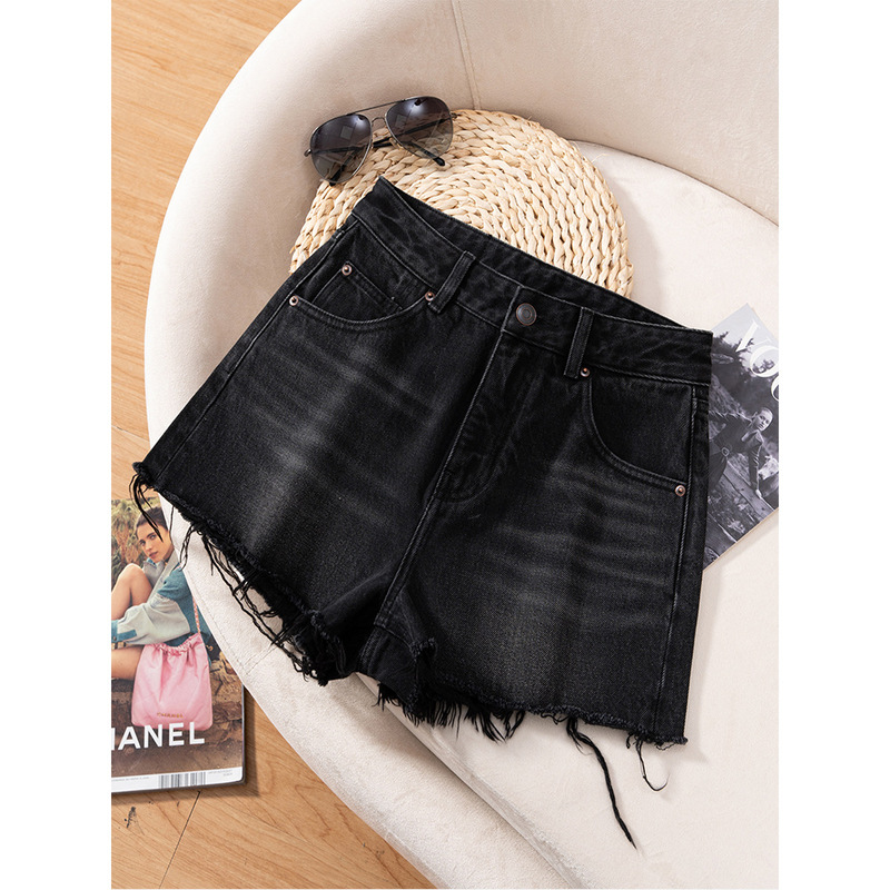 Li Girl~High Waist Slim Black Jeans Women's Summer Thin Loose Wide Leg Shorts 2025
