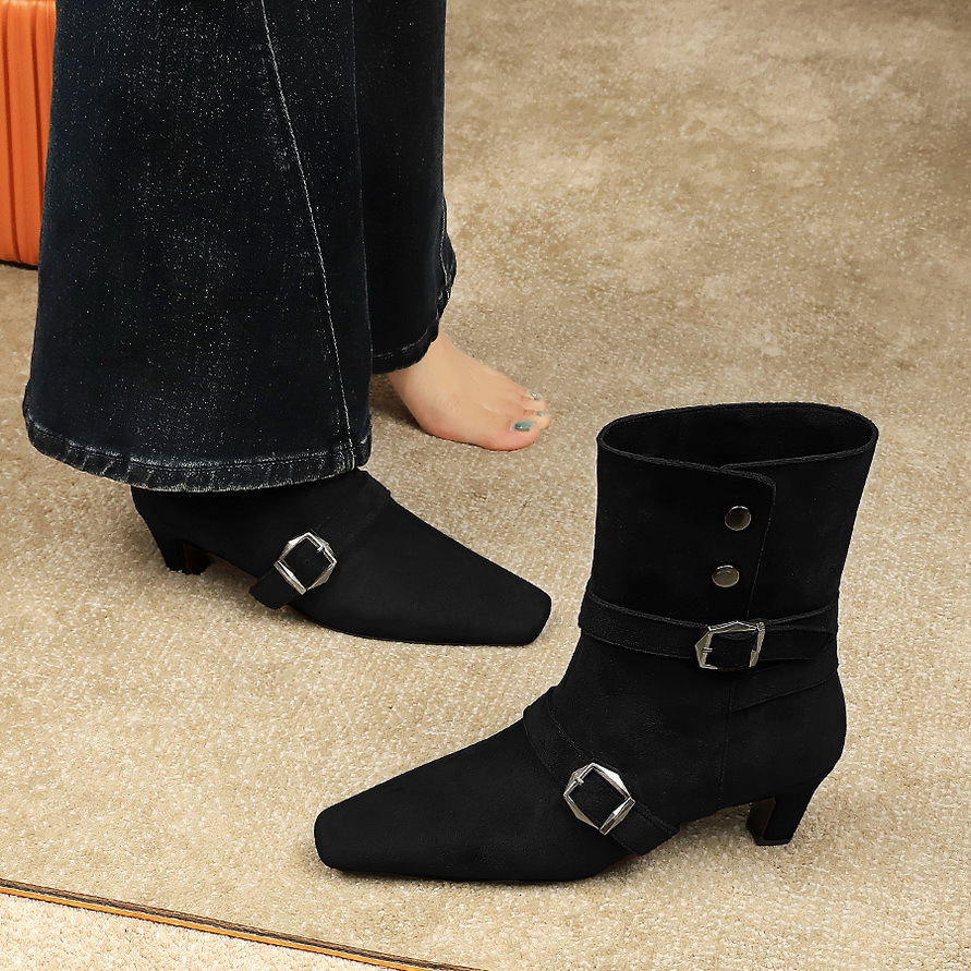 Botas de media caña retro para mujer con punta cuadrada y hebilla_voghion.com
