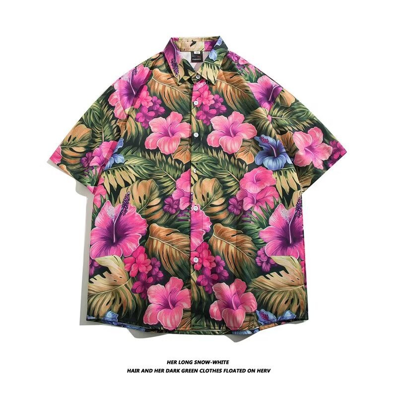 Men's Floral Shirt Short Sleeved Loose Fit Casual Beach Fashionable Retro Style Hong Kong Summer_viptrois.com