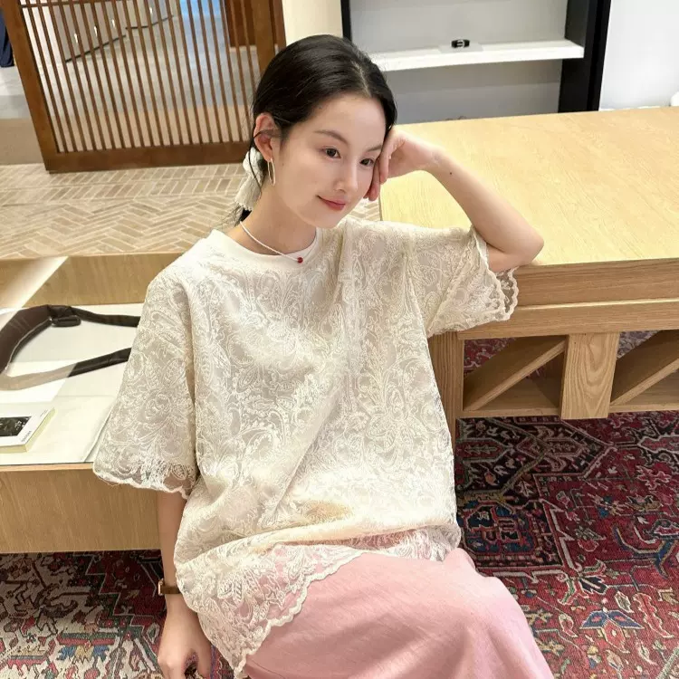 DIGM极简高级感重工钩花蕾丝小衫2025春夏宽松五分袖上衣女A27186