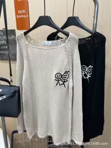Original label: Stick figure print, chunky knit sweater dress, casual and stylish, versatile, loose-fitting, long-sleeved, embroidered top for women