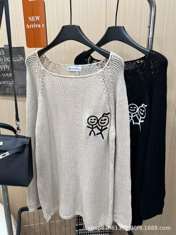Original label: Stick figure print, chunky knit sweater dress, casual and stylish, versatile, loose-fitting, long-sleeved, embroidered top for women