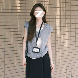 韩系灰色假两件圆领短袖T恤女夏季2026新款设计感小众别致小上衣