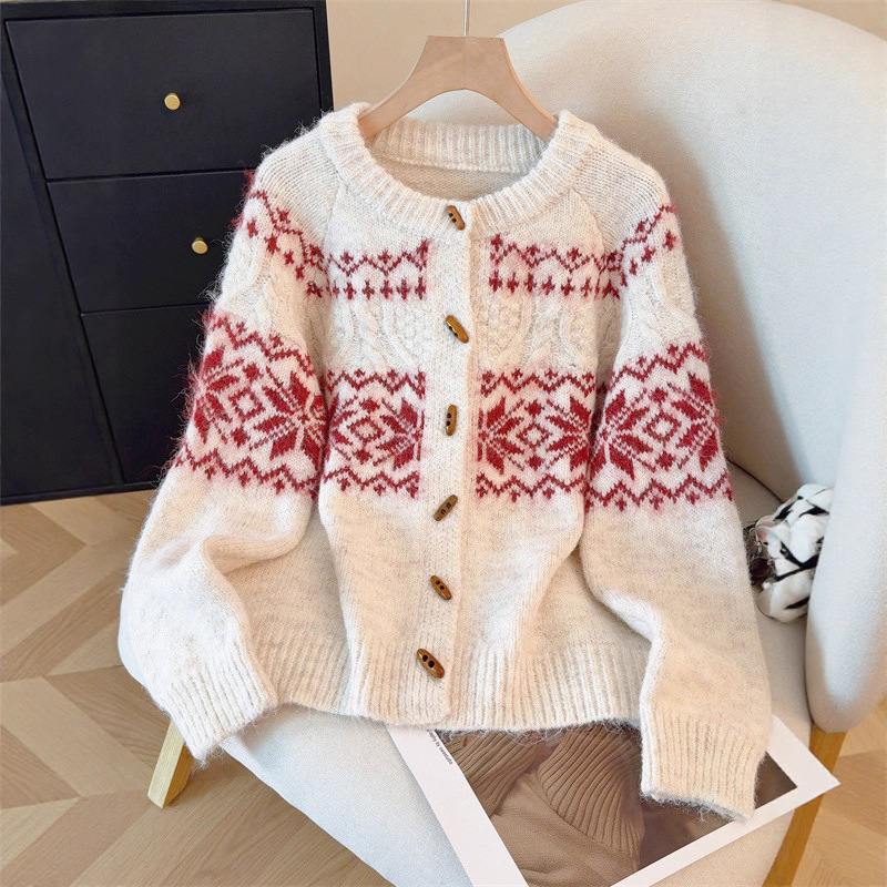 Jacquard Sweater Jacket for Women Winter 2025 New Christmas Red Single-Breasted Round Neck Knitted Cardigan Retro Jacquard
