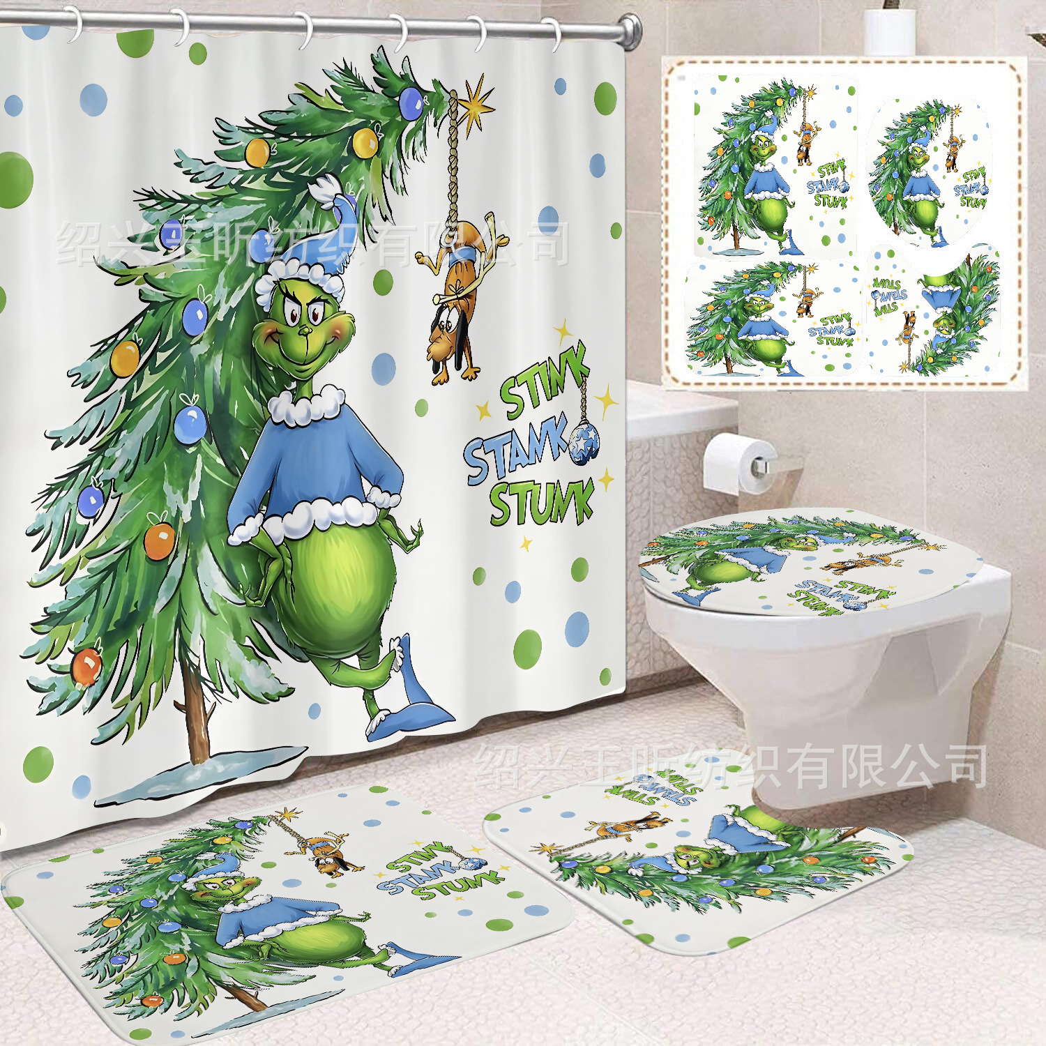 Tela de cortina de ducha transfronteriza, cortina de ducha impermeable, alfombra antideslizante de baño, juego de Grinch 4 de pelo verde al por mayor, sin perforación