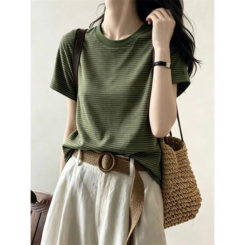 Plus-Size Color-Block Striped Short-Sleeve T-Shirt for Women, Summer Loose Fit Slimming Half-Sleeve Base Shirt, Korean Style Round Neck Top