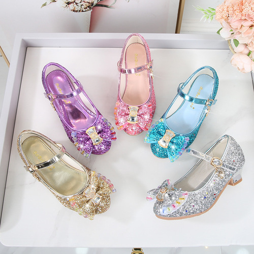 New Princess Shoes Square Heel Girls' Shoes Elsa Anna Crystal Shoes Girls Crystal Shoes