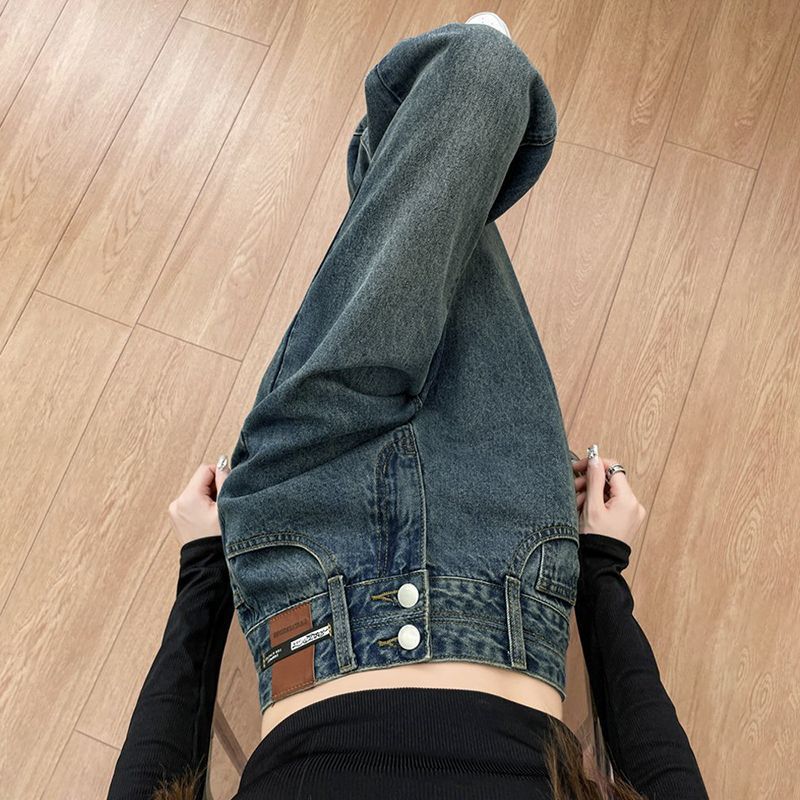 Vintage Double-Breasted Women's Jeans Spring New Straight Loose High-Waisted Slimming Floor-Length Wide-Leg Jeans