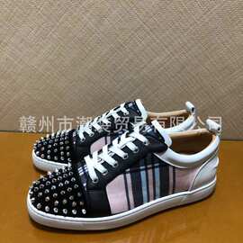 cl andgz男鞋拼色帆布格子纹鞋头钉低帮红底鞋铆钉女鞋休闲板鞋