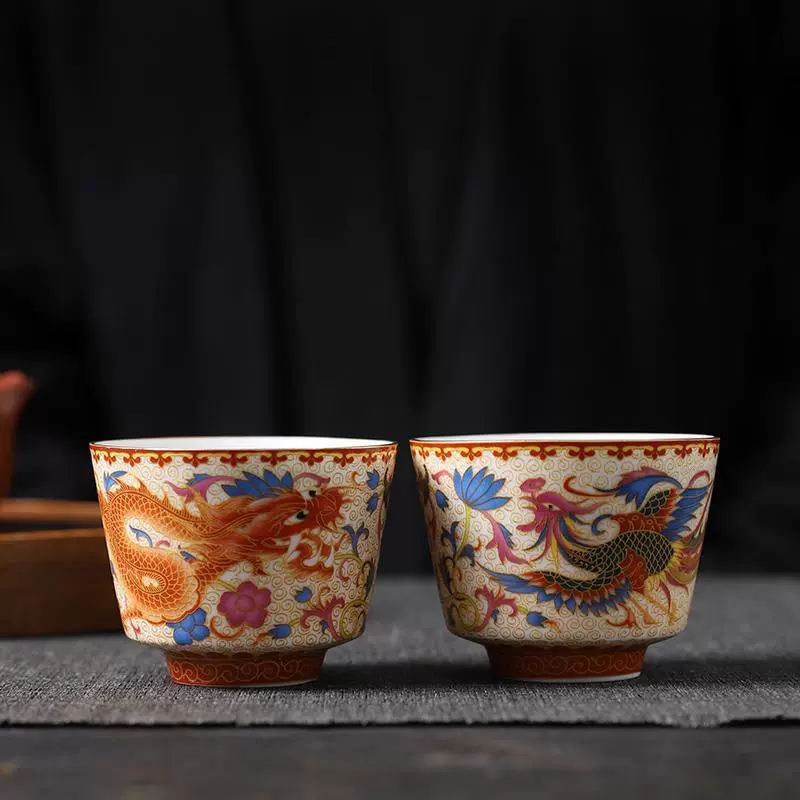 Retro enamel, tea cup, set, Chinese style, dragon and phoenix