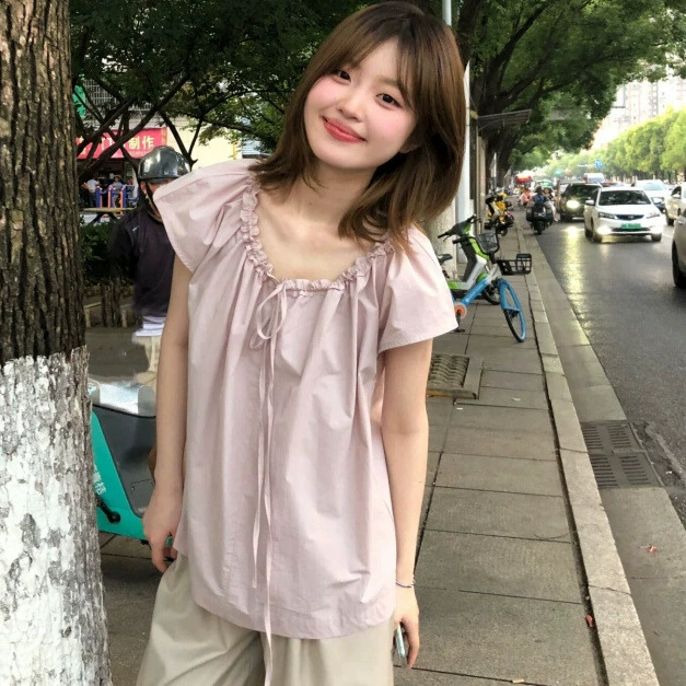 Летние сладкие топы, новый дизайн, универсальные топы, свободные утягивающие рубашки с короткими рукавами и круглым вырезом в корейском стиле для женщин.