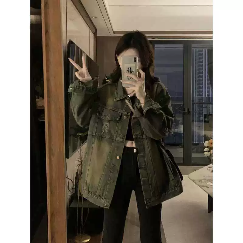 Американский ретро старый дырочный джинсовый пиджак женский 2025 весна и осень новый свободный тонкий уличный пиджак