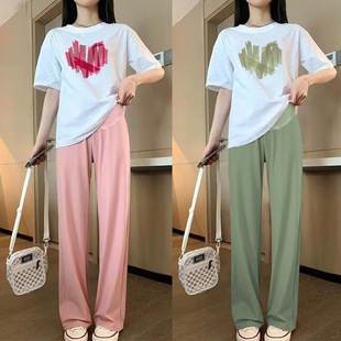 Maternity clothes summer new casual suit fashion printed short-sleeved top + Ice Silk mopping pants
