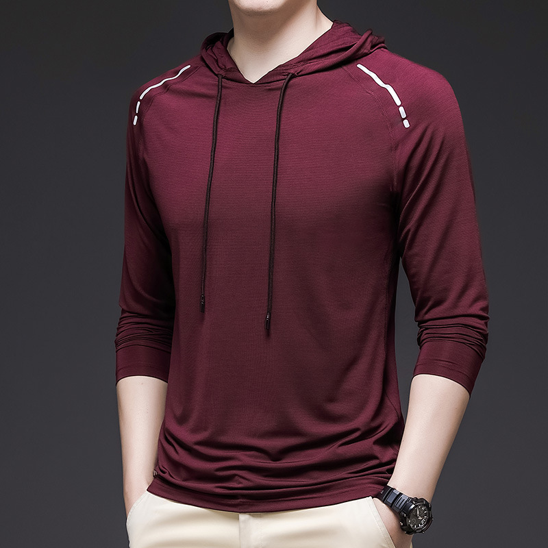 Cross-border Foreign Trade Men's Long-sleeved Hat T-shirt Elastic Ice Silk Quick-drying Summer Ultra-thin Sports Elastic Fitness T-shirt