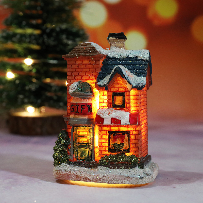 クリスマス新作装飾樹脂製ライト付きミニハウス クリスマスマイクロランドスケープ レトロ装飾置物ギフトライト|undefined