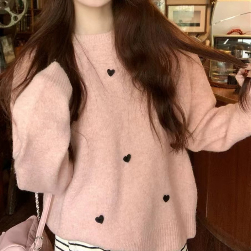 2025设计感立体爱心慵懒套头针织衫女秋冬季新款洋气打底毛衣上衣|undefined
