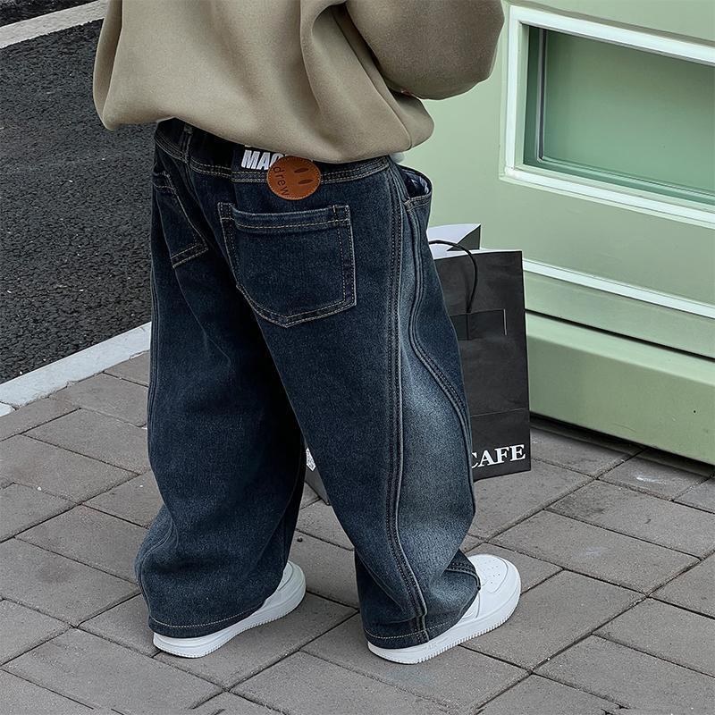 Boys plus velvet thickened jeans baby warm straight pants 2023 winter new style children's versatile long trousers trendy