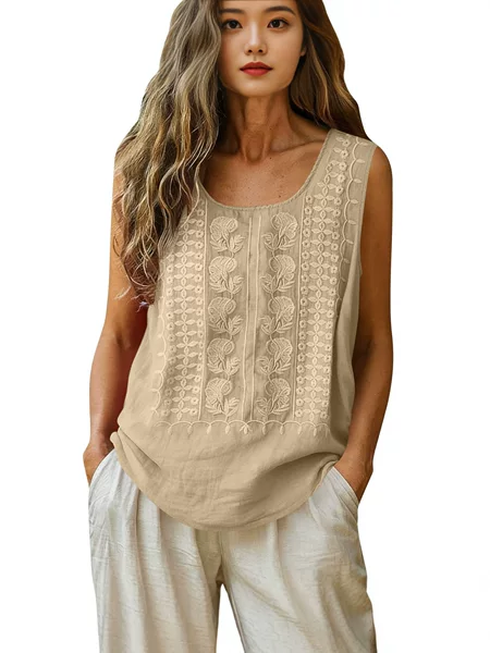 Women's Solid Color Sleeveless Round Neck Embroidered Loose Cotton and Linen Top Round Neck Tank Top