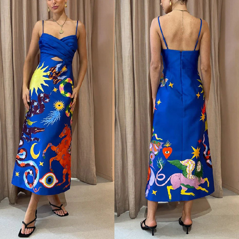 105g Weight Midi Dress Dress Length Type Wholesale Women's Sexy Printing Printing Street Sleeveless Strap Dress